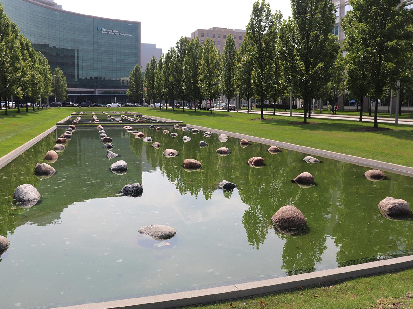 A view of the Cleveland Clinic reflecting pool 