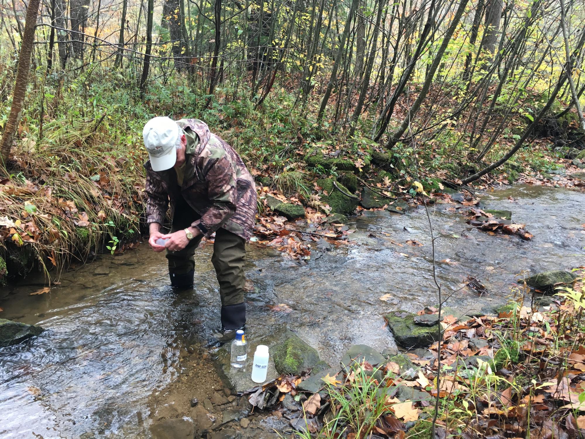 A volunteer collects water samples from a small stream in the Allegheny National Forest