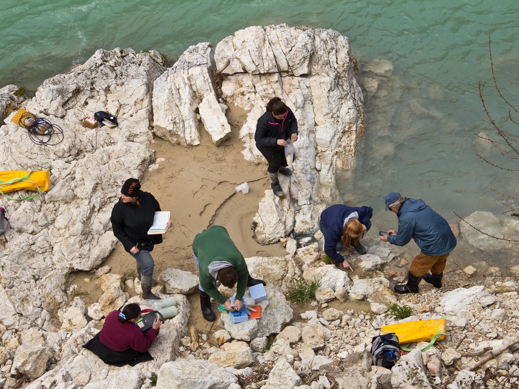 Penn State graduate students take samples from a sulfidic spring in Italy