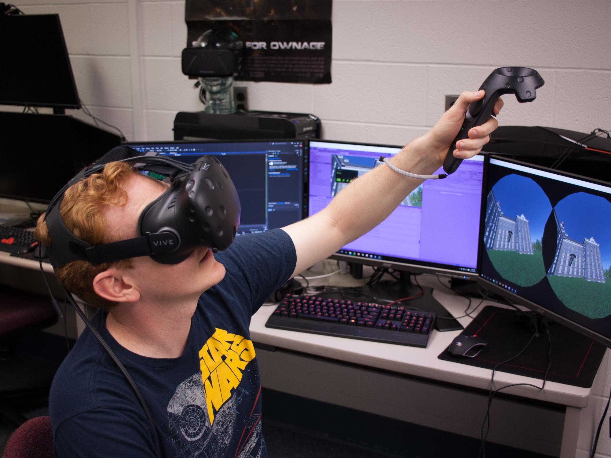 A student using a virtual reality headset. 