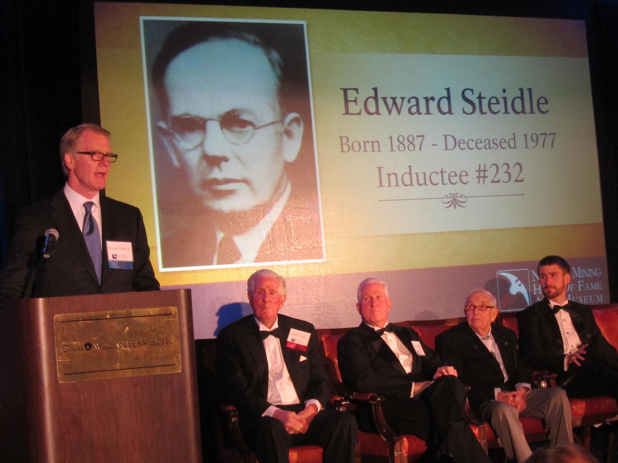 Howard "Chip" Steidle Jr., grandson of Edward Steidle (former dean of the College of Earth and Mineral Sciences), speaks on behalf of his father at the National Mining Hall of Fame induction ceremony.