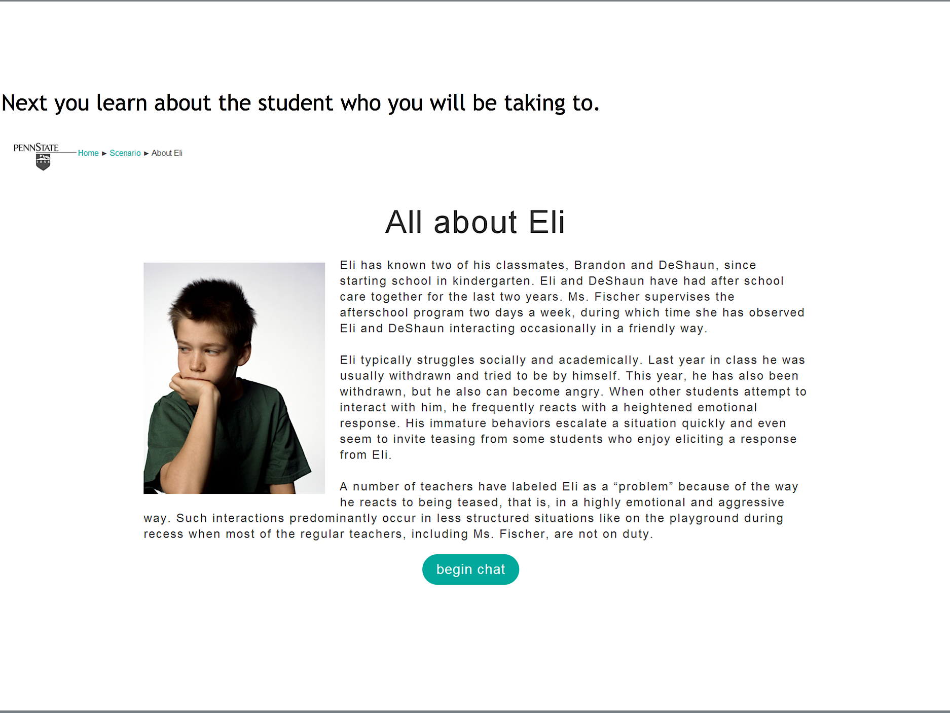 Screenshot of student background information