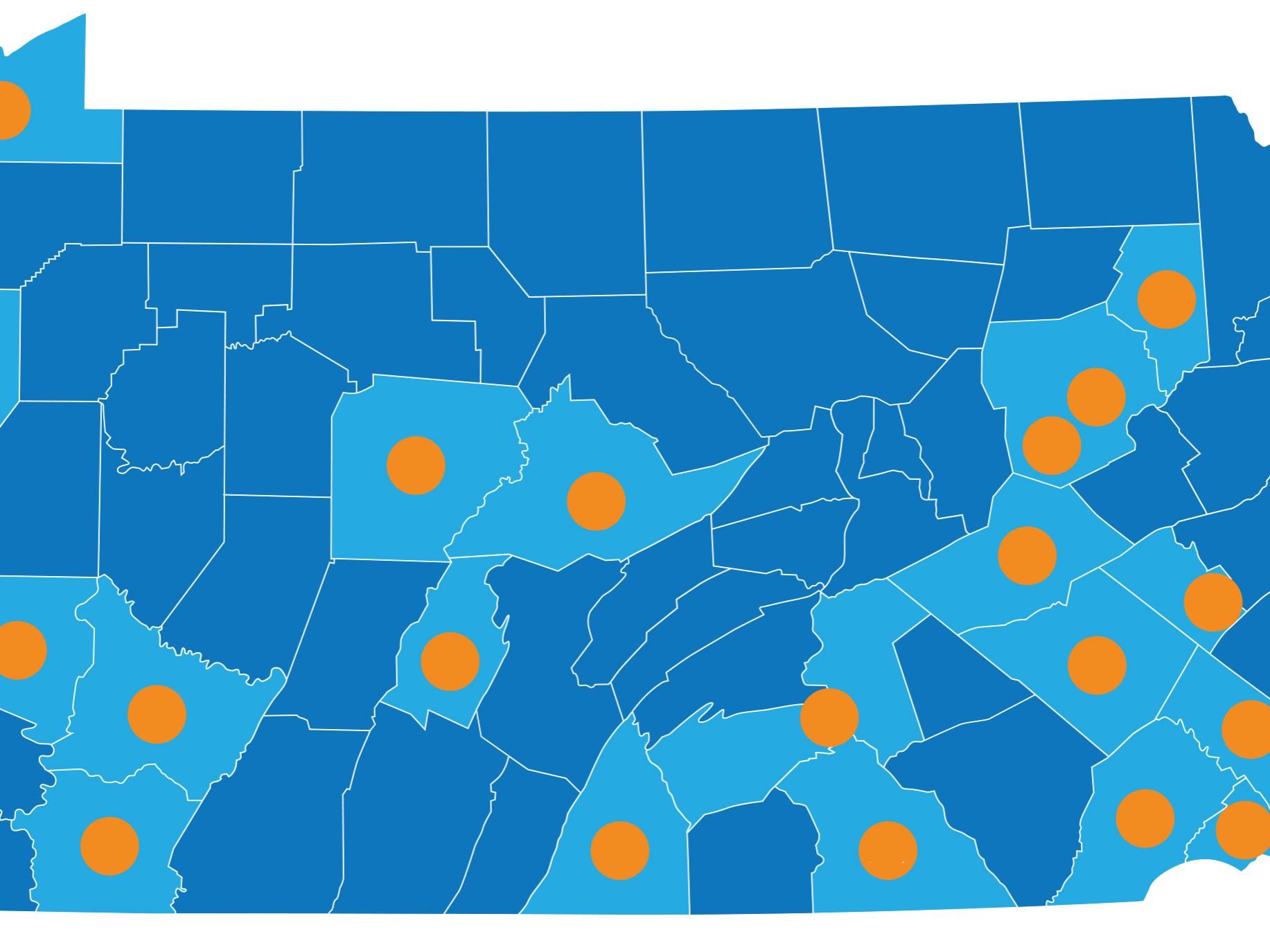 Innovation Hub Map of PA, indicating where each of the 21 innovation hubs are located across the state
