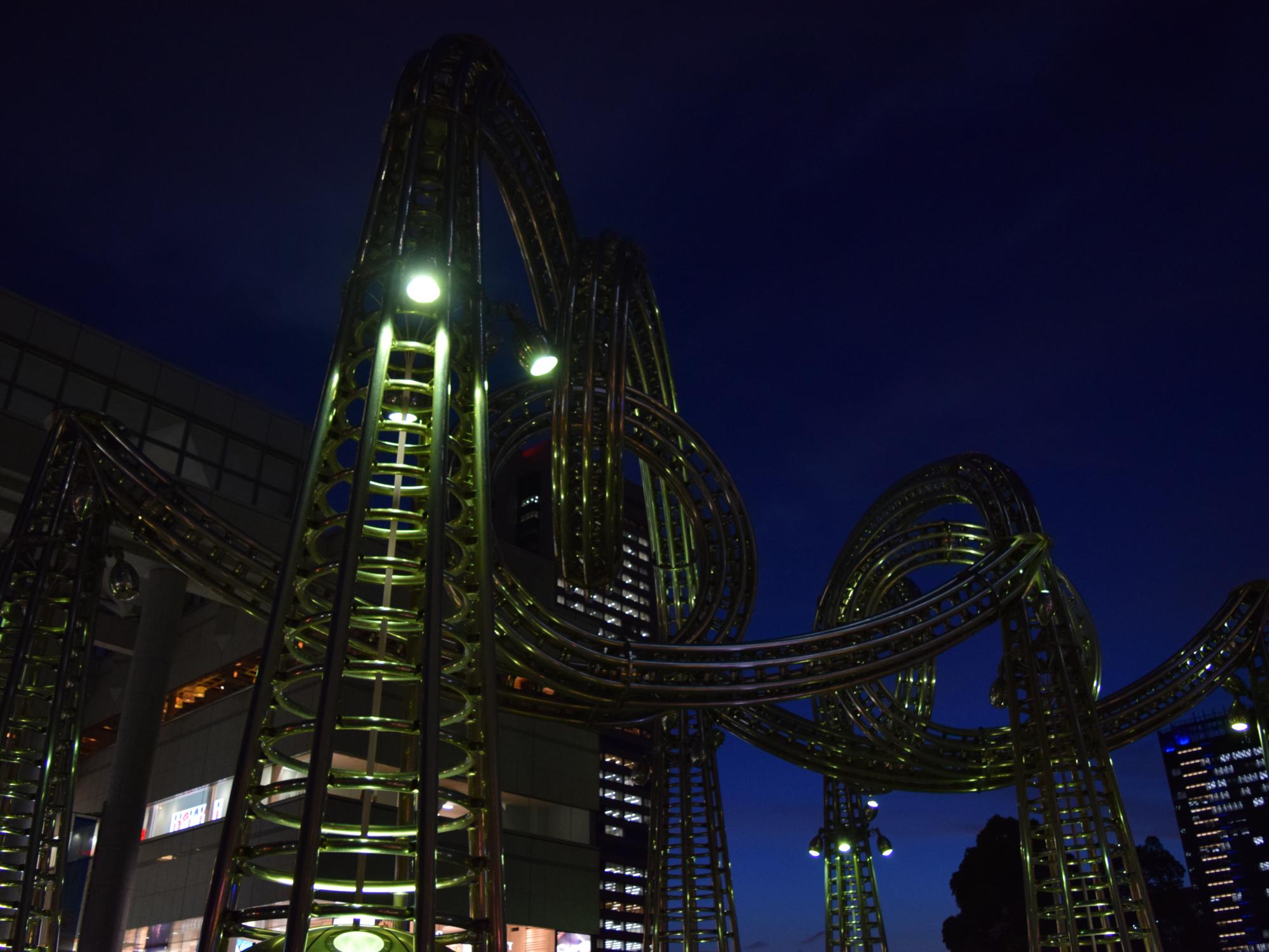 An image of a Yokohama public art display at night.