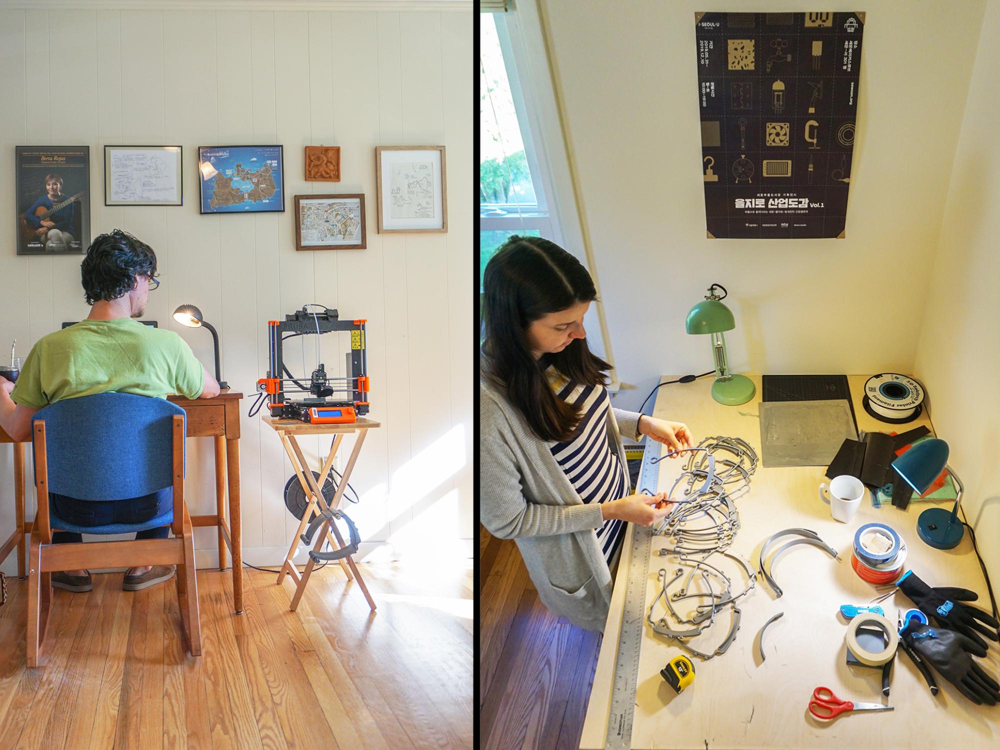 Split image of Juio Diarte working at his desk with a 3D printer working to his right and Elena Vasquez with the 3D printed headbands on a work station.