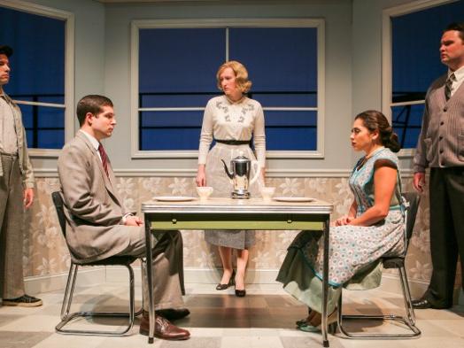 Cast photograph of Grace Kiver, budding opera singer, as a jazz singer in Penn State Opera Theatre’s production of  Leonard Bernstein’s Trouble in Tahiti performed at the Penn State Downtown Theatre Center on October 24 and 27-30, 2016.