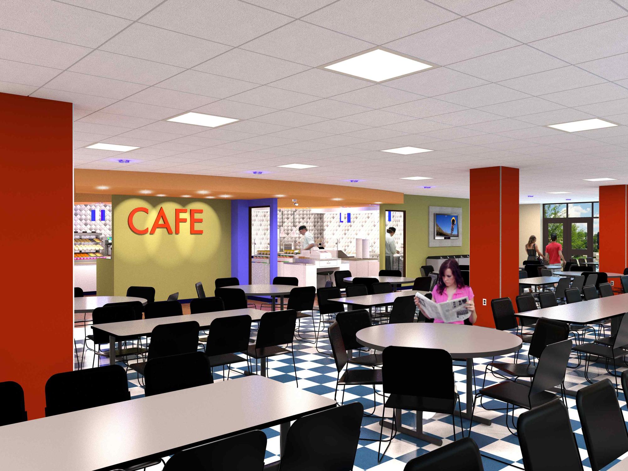 Architectural drawing of planned renovations to Lions Den Cafe - view looking east