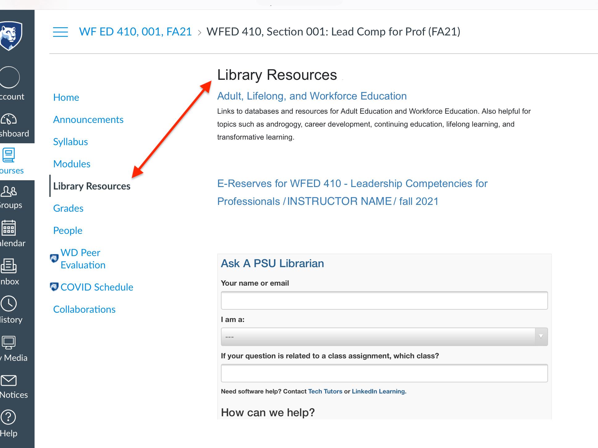 screen grab from Canvas learning management system showing Library Resources tab and content
