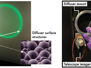 A laster pointer is pointed through the diffuser, which shapes the pinpoint of light into a wide beam. Right: the diffuser used in this study in a hand wearing lab gloves.