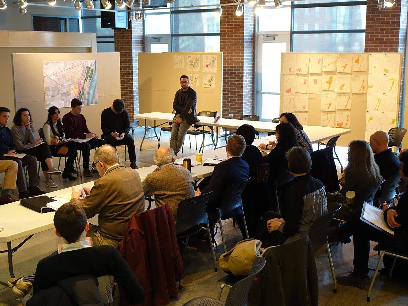 Mainzer's landscape architecture class meets with Selinsgrove residents to present their initial designs and get feedback from the community in the Stuckeman Family Building Jury Space.