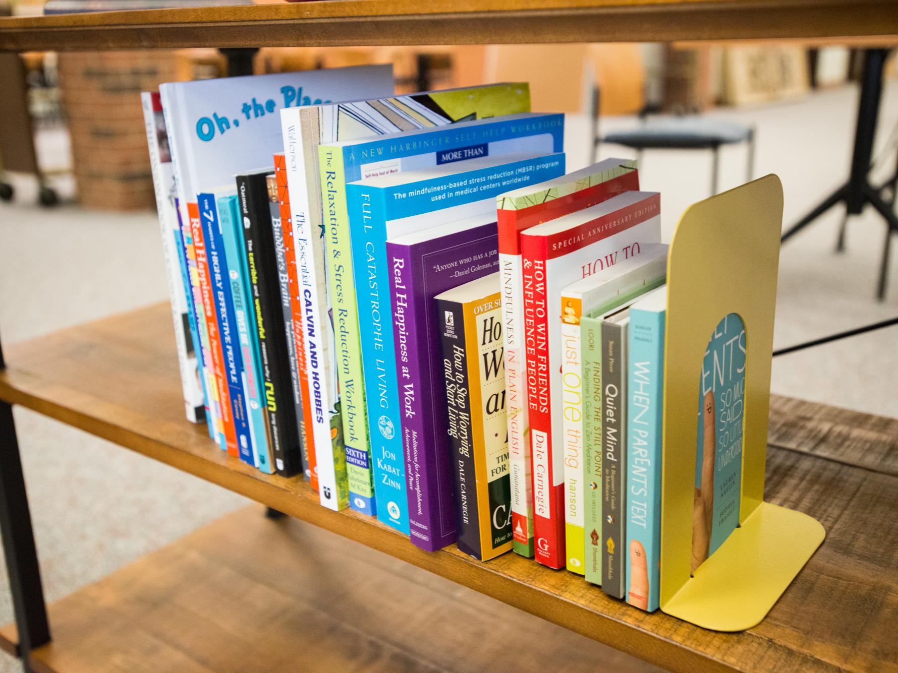 The meditation corner features a variety of books.