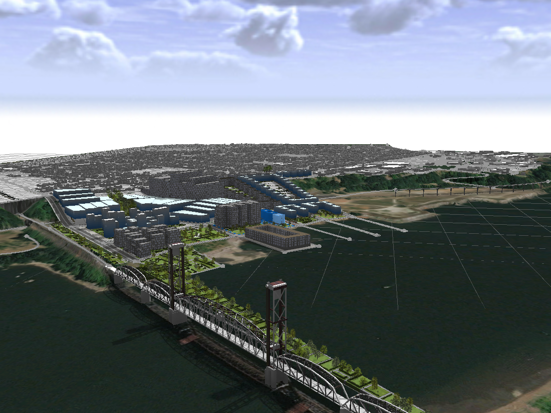 Geodesign students worked with 3D visualization tools, here Esri's CityEngine, to show design ideas for an Olympic Village and a park-bridge adjacent to the Burlington Railroad Bridge to help increase connectivity.