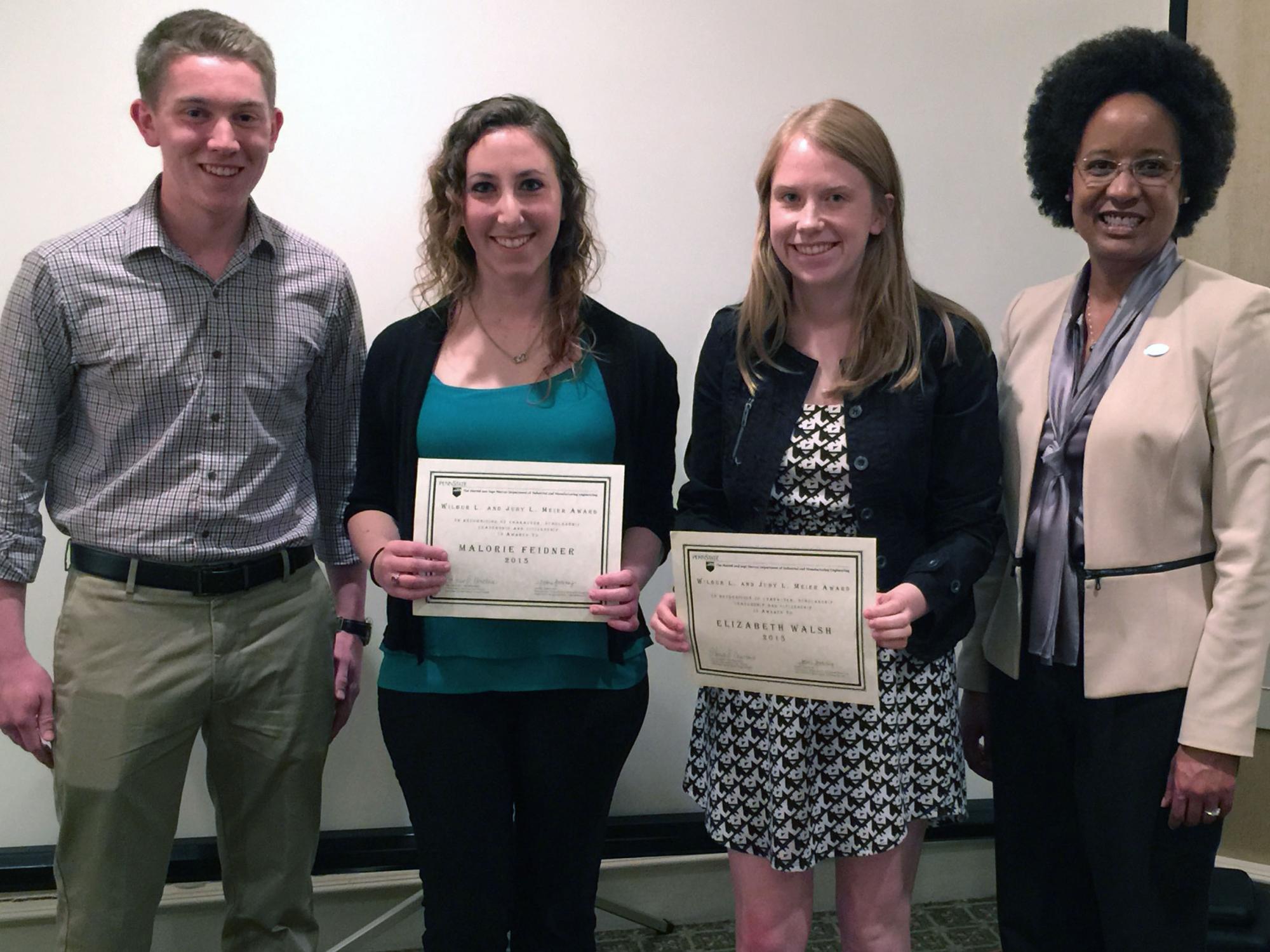 Malorie Feidner and Elizabeth Walsh were presented with the Wilbur L. and Judy L. Meier Award in Industrial and Manufacturing Engineering. 