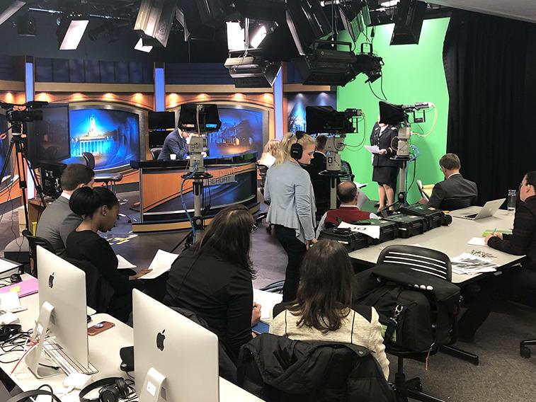 Behind the scenes of the simulated news broadcast