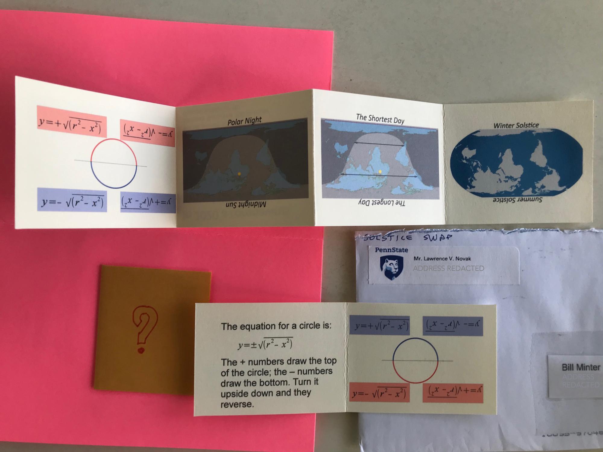 folded four-panel small booklet with graph equations and illustrations of Earth