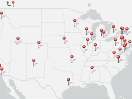 U.S. map with red pins indicating where PAMT alumni who are working as researchers are located. Heaviest concentrations are in the Northeast and west coast, with approximately 8 pins distributed through the middle section of the country.