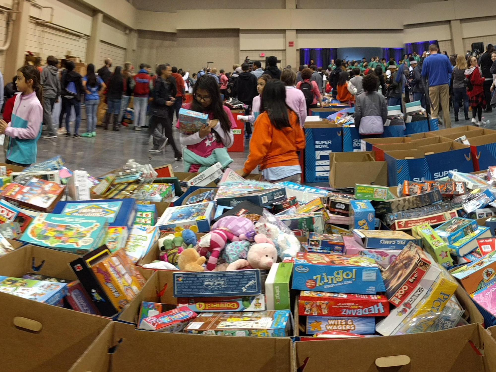 Some of the thousands of donations of sporting goods, books, and school supplies at Super Kids-Super Sharing