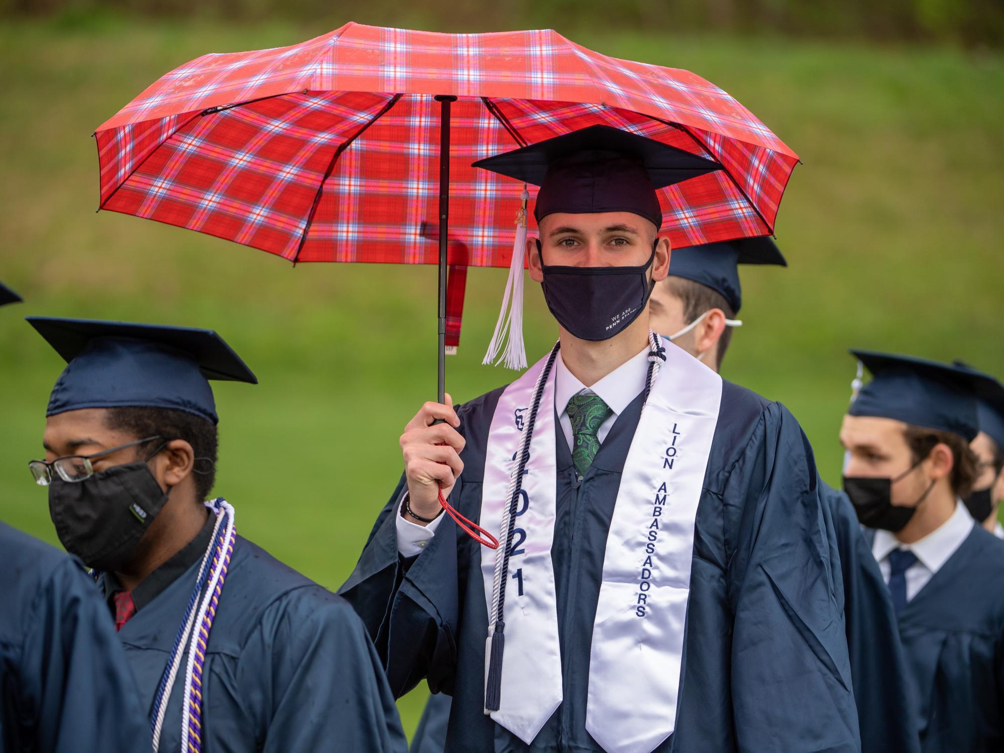 Penn State Behrend graduates line up to enter the stadium for the 2021 spring commencement.