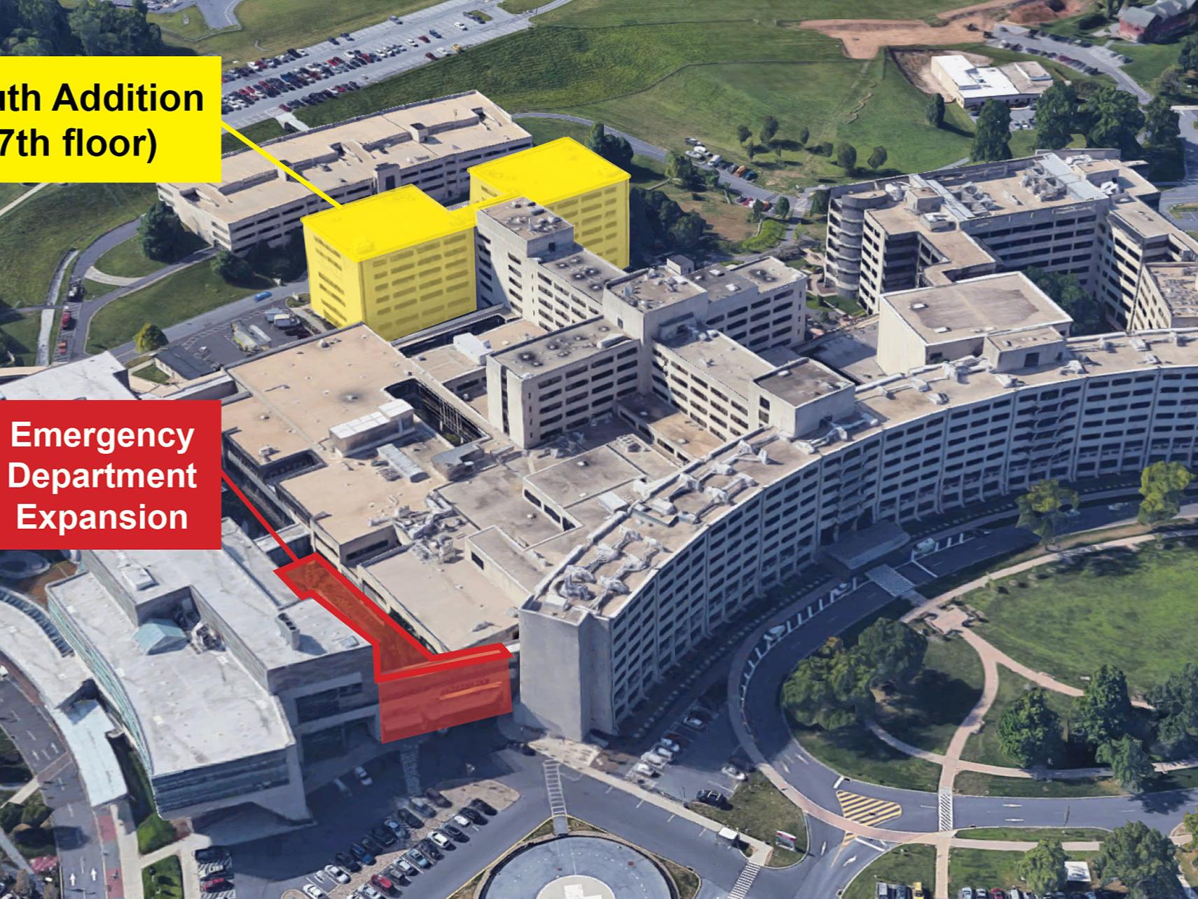 Aerial view of medical center highlighting areas to be added