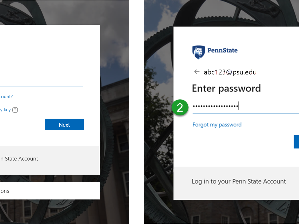 Penn State sign-in screen and enter password screen