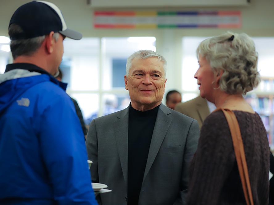 Penn State President Eric Barron talks to community members at the Feb. 7 meeting.
