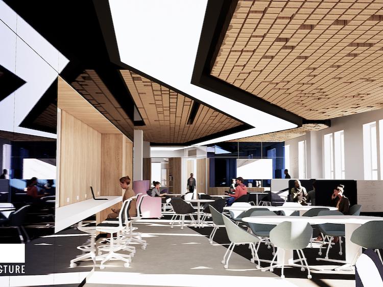 a rendered architectural illustration shows a meeting and study space with several tables, a tech bar, whiteboards and more.