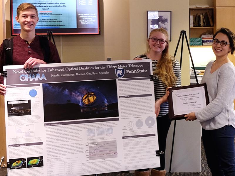 Ryan Spangler, Natalie Cummings and Ronson Gay (not pictured) won the Phi Kappa Phi Underclassmen Outstanding Research Potential Award in the 2017 College of Earth and Mineral Sciences’ Undergraduate Poster Exhibition.