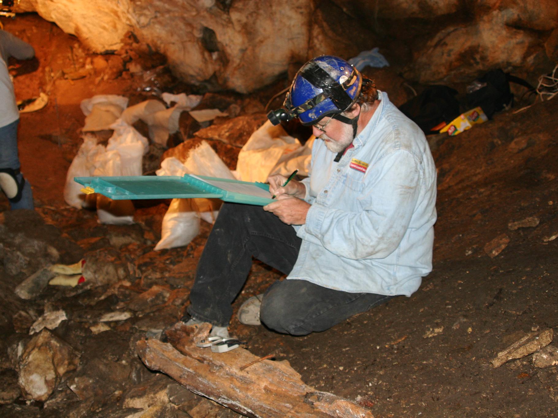 Russell Graham takes notes in a cave
