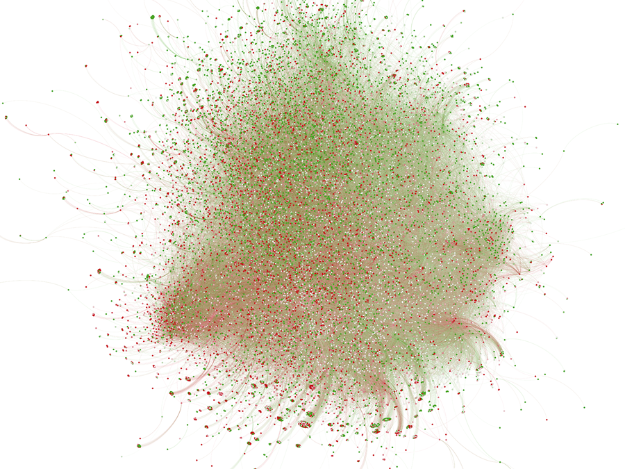 Abstract blotch comprising thousands of lines connected by dots, in green and red
