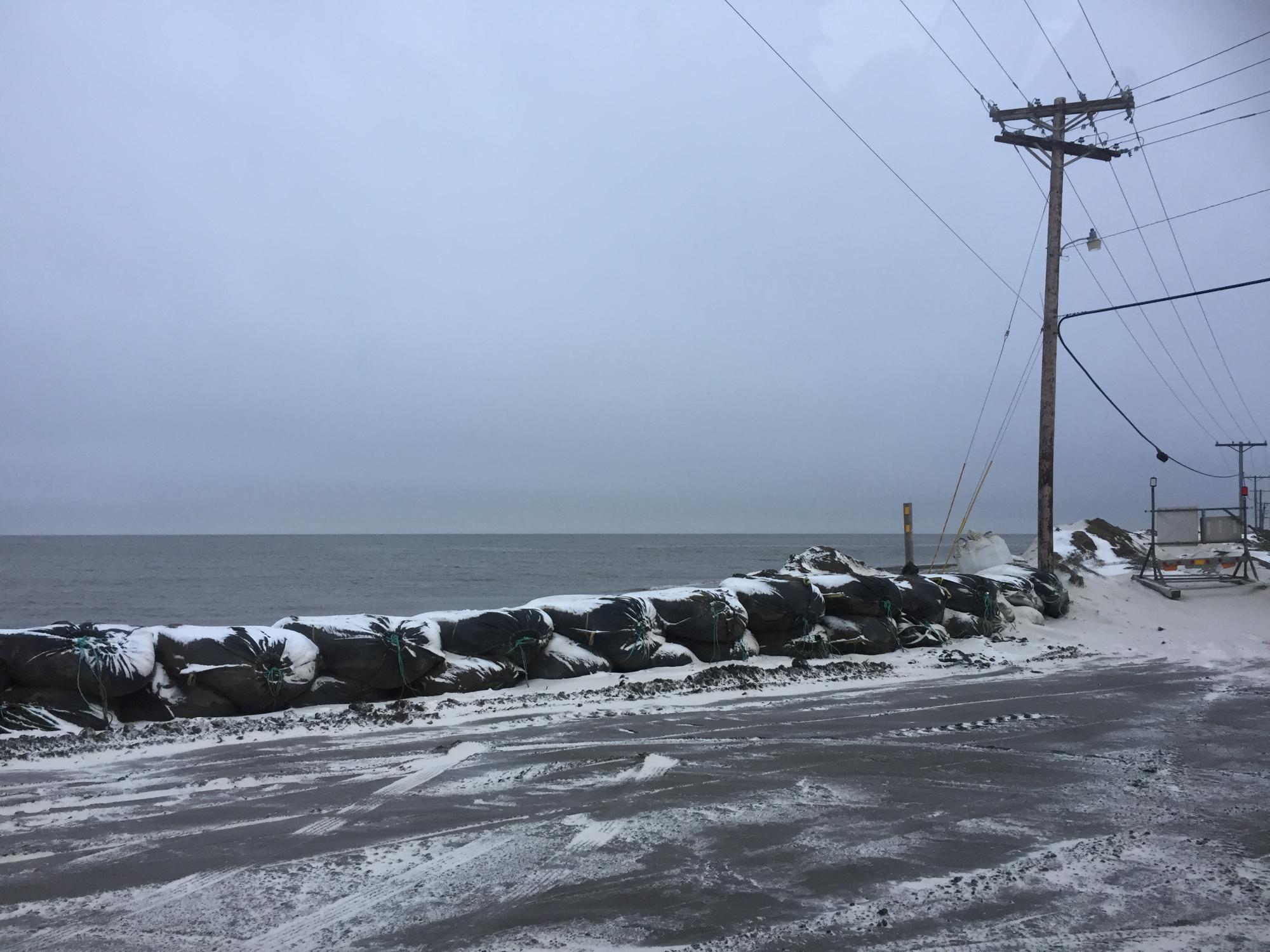 sandbags lining arctic coast