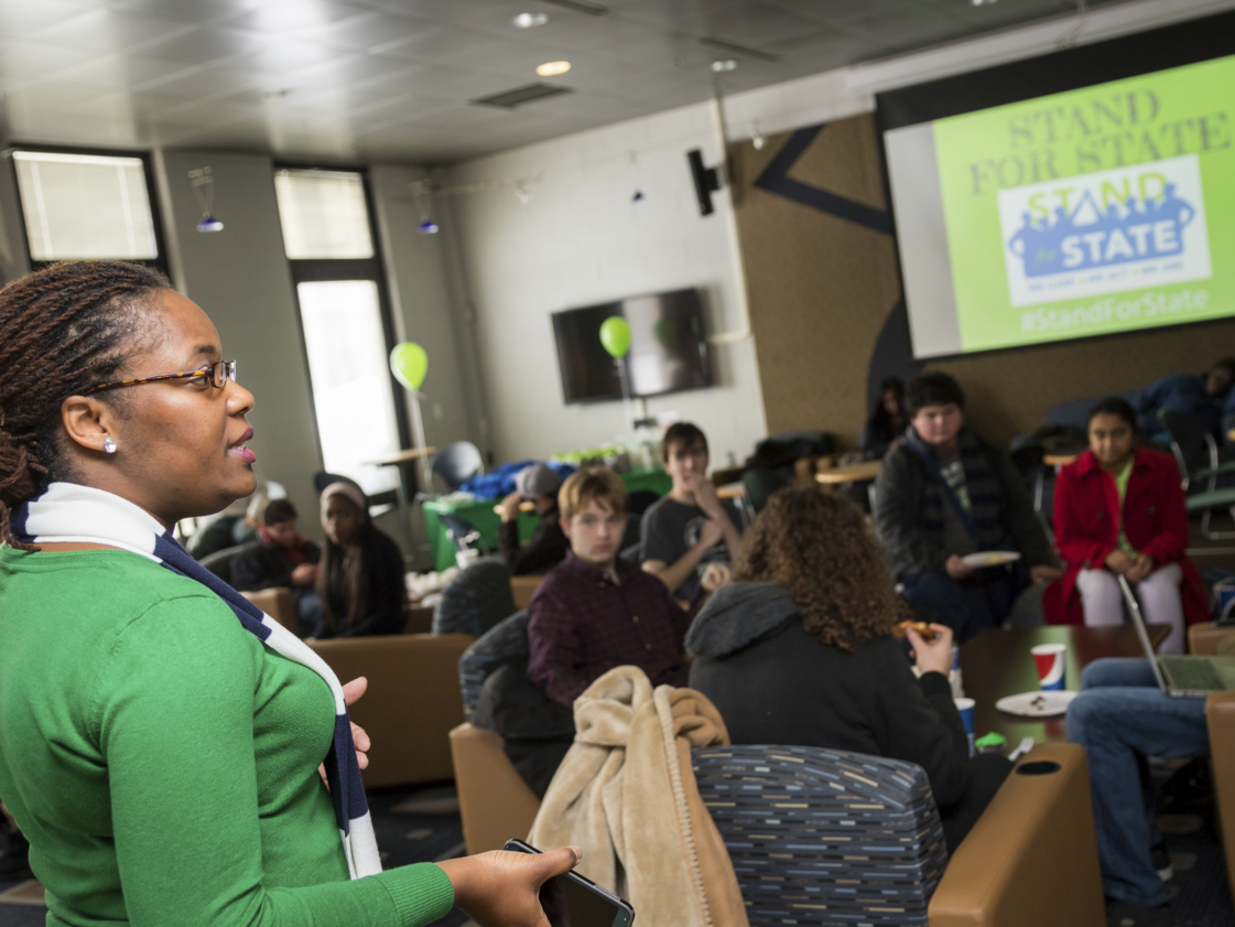 Ronika Money-Adams speaking to students