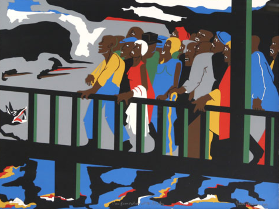Jacob Lawrence, "Confrontation at the Bridge," 1975