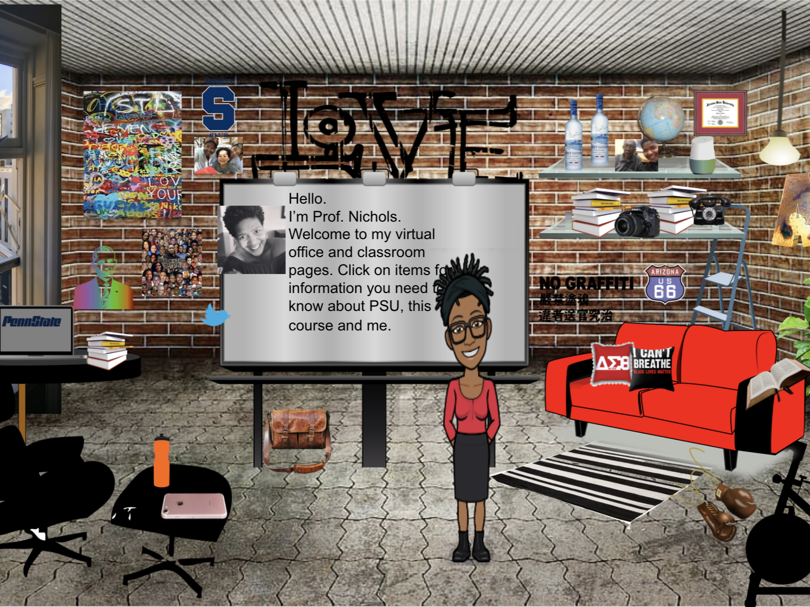 A cartoon version of Renea Nichols stands in a virtual office space with brick walls.