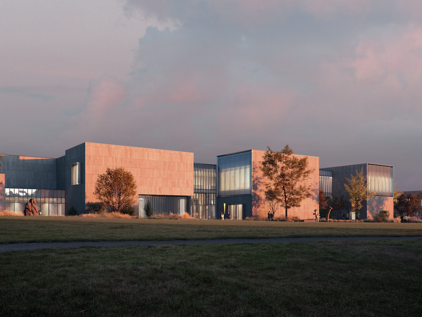 View of the new Palmer Museum of Art from the Overlook Pavilion in the Arboretum. 