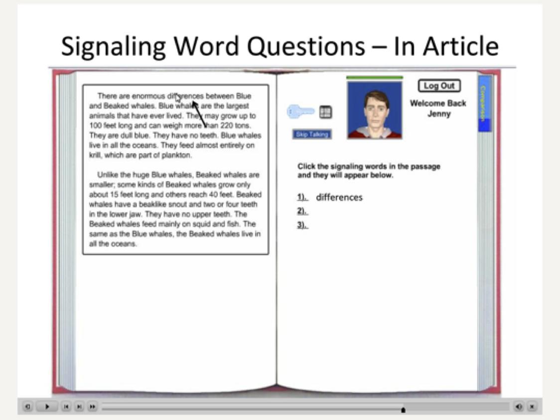 Screenshot of online digital tutor asking for signaling words
