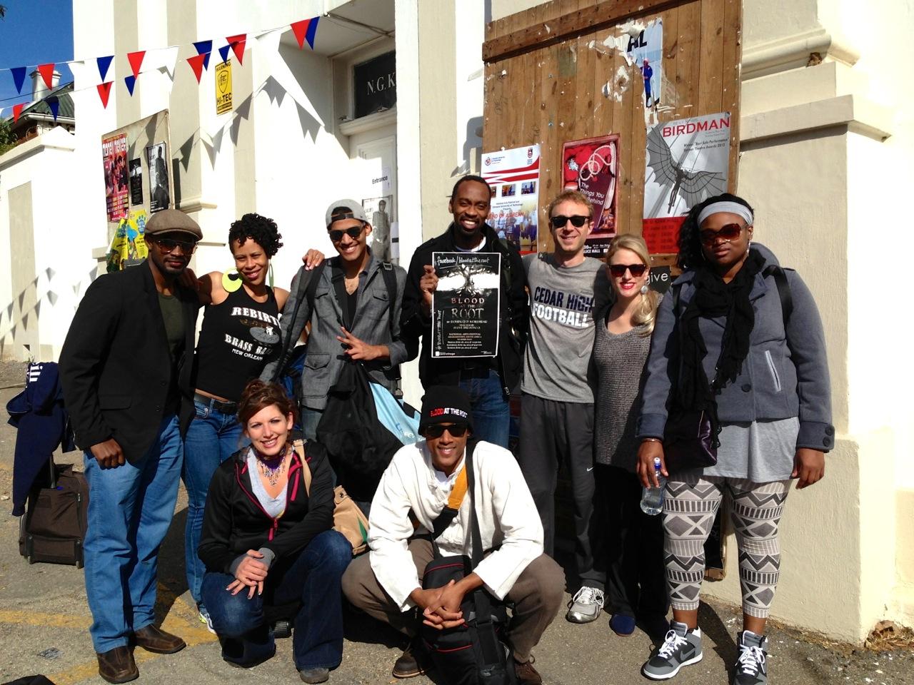 'Blood at the Root' cast, director, playwright and her husband outside Grahamstown, South Africa, venue