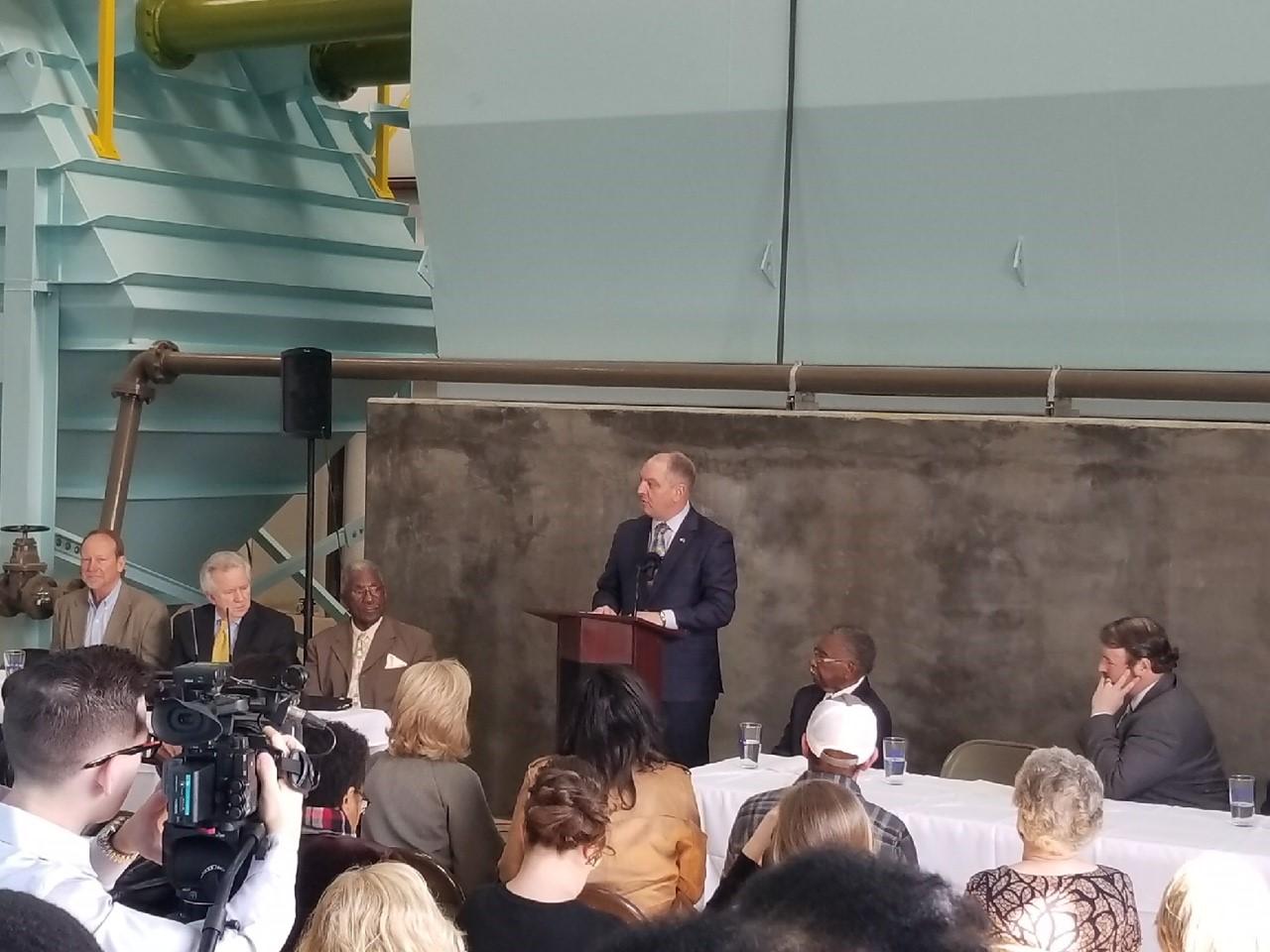Gov. Edwards speaking at press conference.