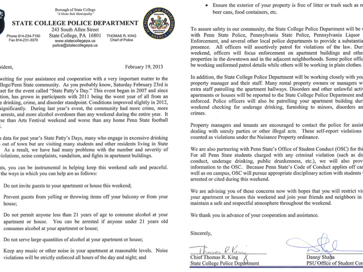 A letter from State College Borough and Penn State to students living off-campus