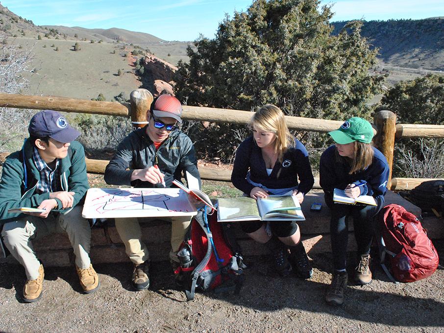 Geosciences students make sketches based on the geological formations in Colorado as part of a four-day trip to the Denver Basin.