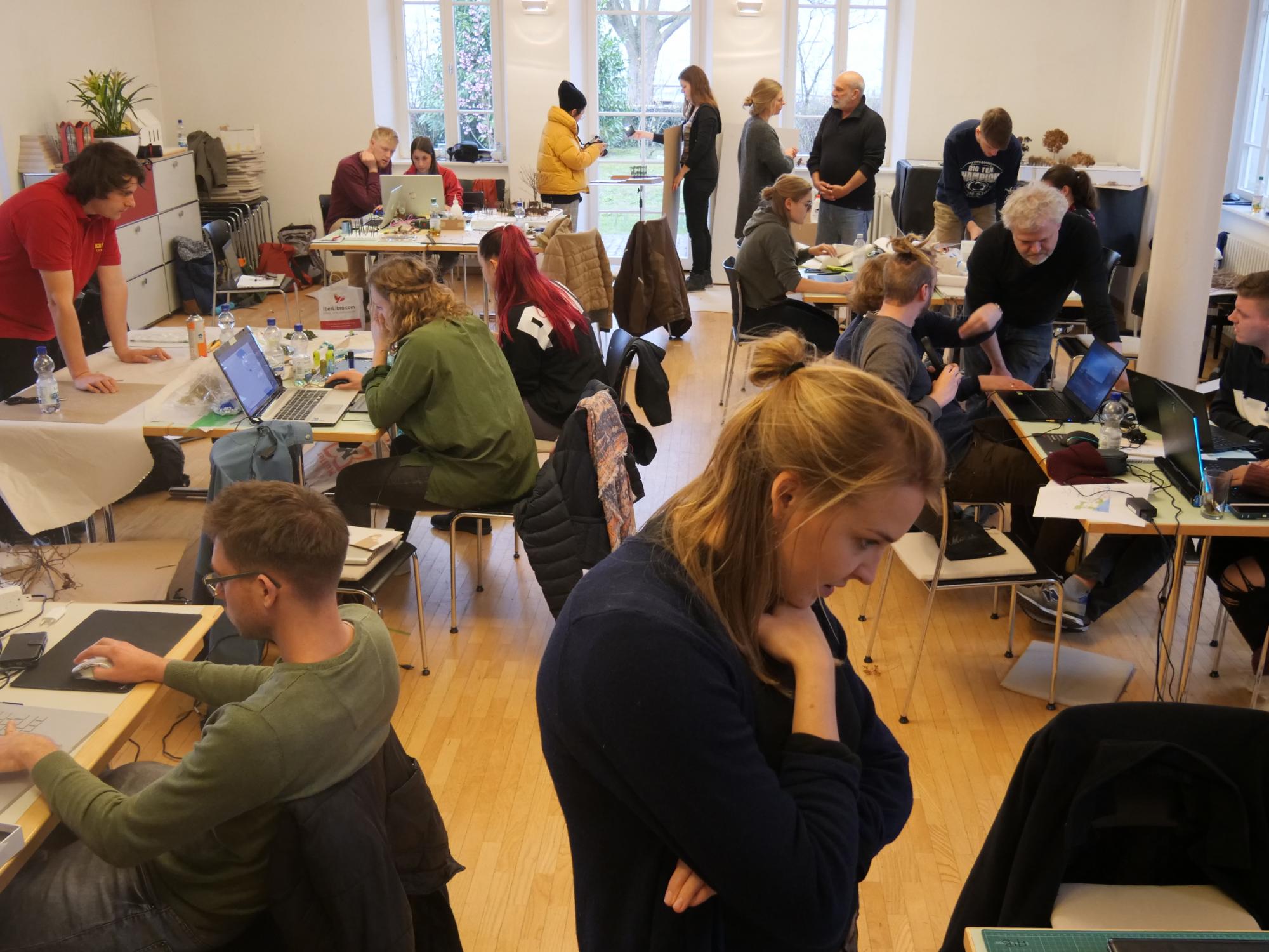 Students from Penn State and Nürtingen University at work in their studio space.