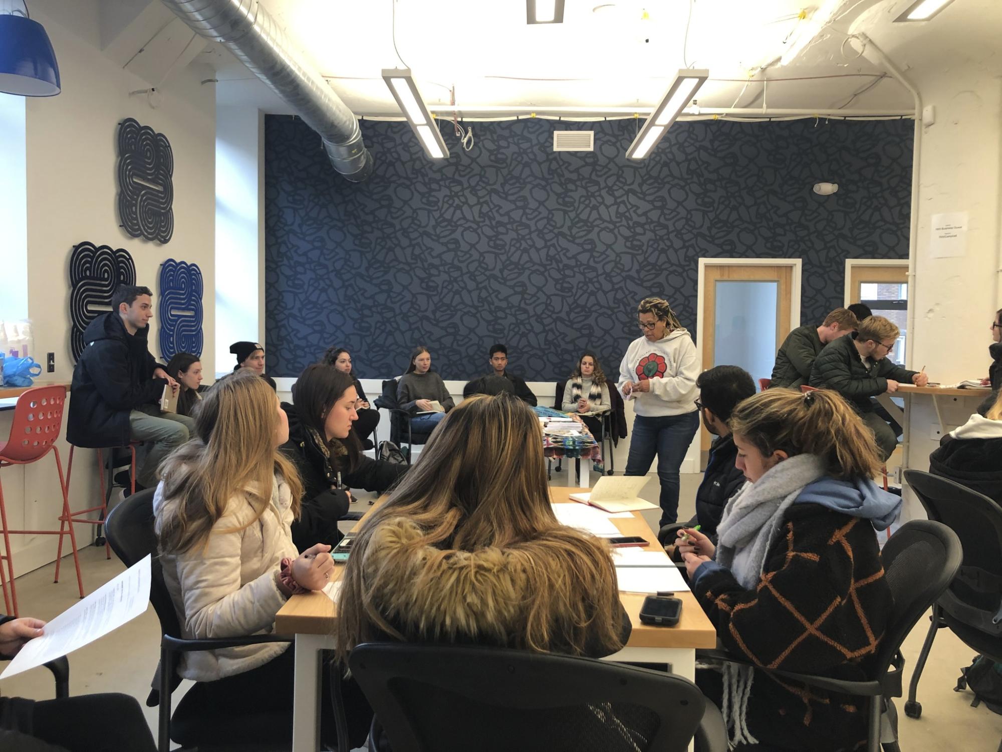 Vicki Ayanna Jones speaks with the Penn State students in the fourth-year studio. 