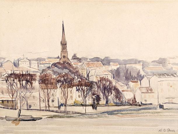 Henry Varnum Poor, "French Village," 1918, watercolor. Gift of Mr. and Mrs. Charles A. Stone, 85.17.