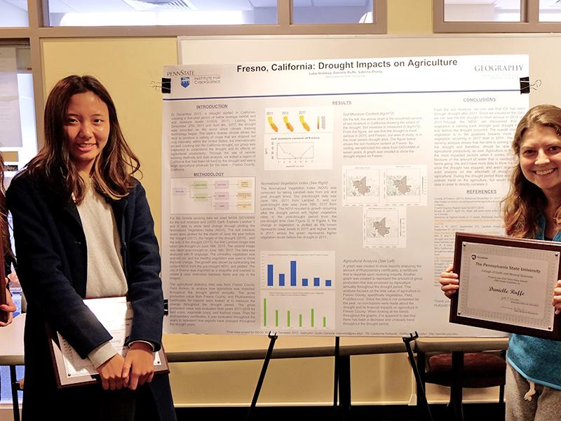 Luba Hristova, left, Yu Zhong and Danielle Ruffe won Third Place in the 2017 College of Earth and Mineral Sciences’ Undergraduate Poster Exhibition.