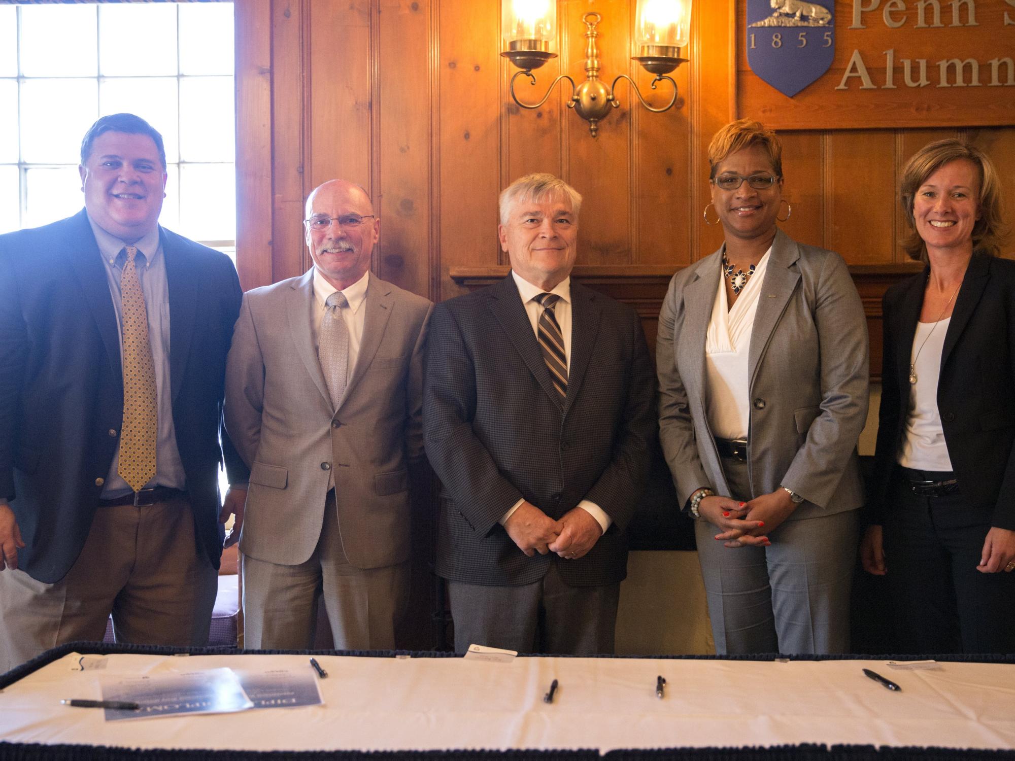 Pictured from left to right: Dr. Robert Orndorff, Dr. Neil Sharkey, Dr. Eric Barron, Hope Rush, and Monica Ringvik