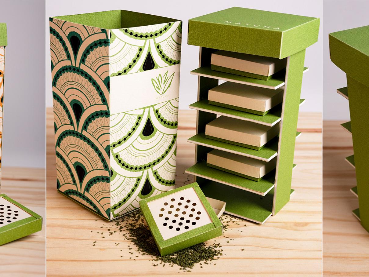 Three views of Carly Weilheimer's Matcha Package Design.