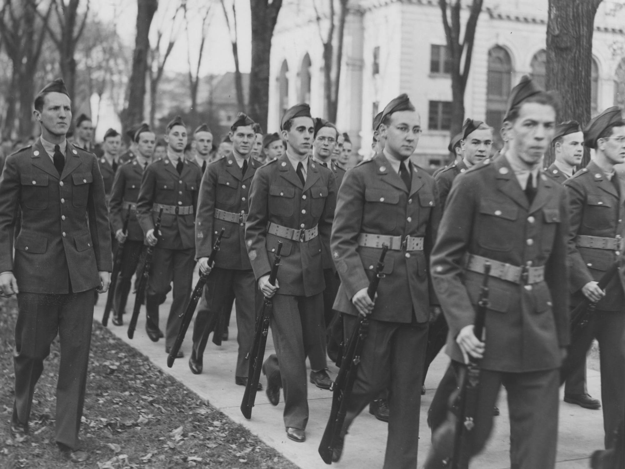 Penn State military students during World War II marching on the University Park campus