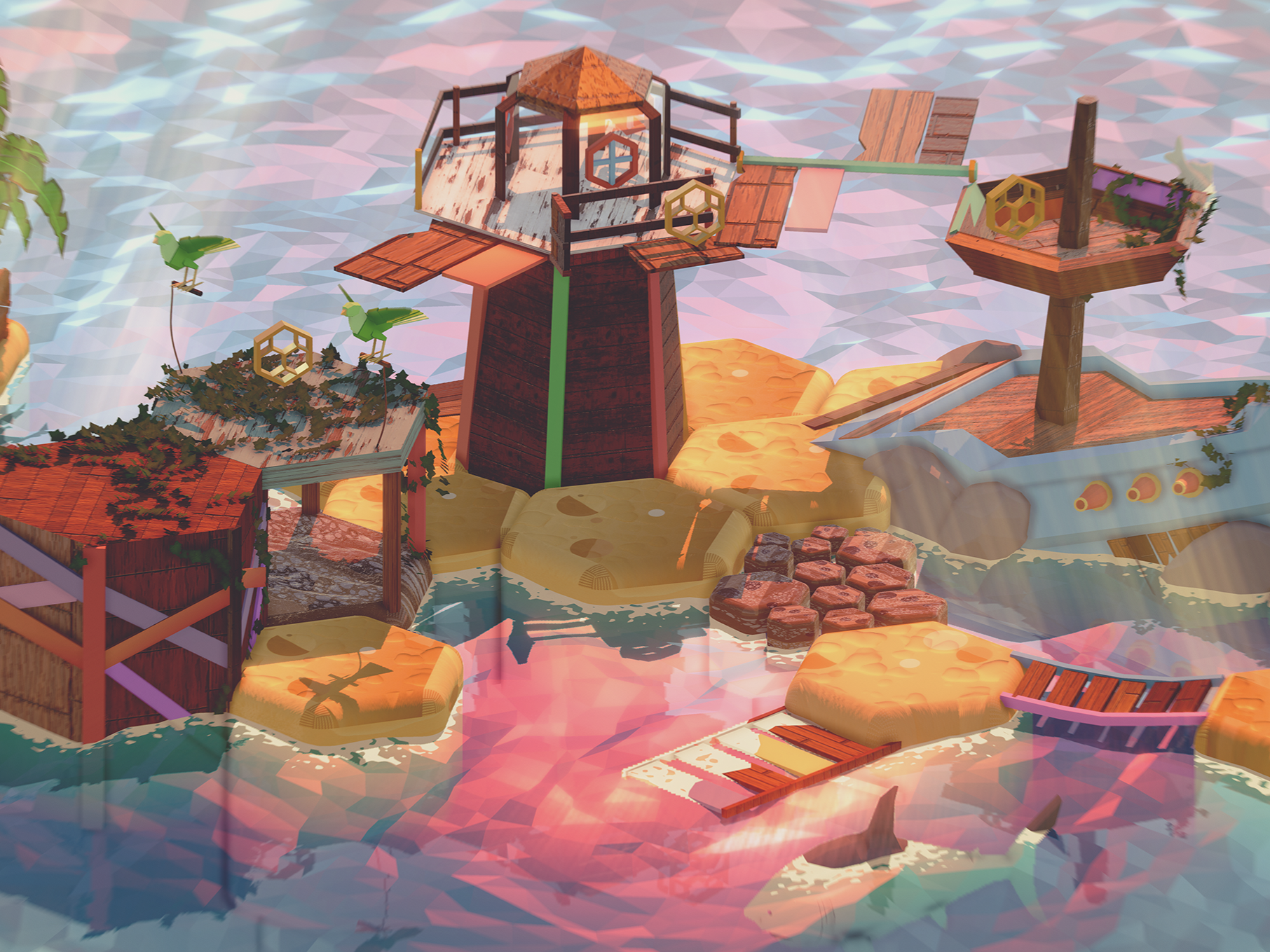 A screenshot of an obstacle-course puzzle world in the videogame "Where the Bees Make Honey"