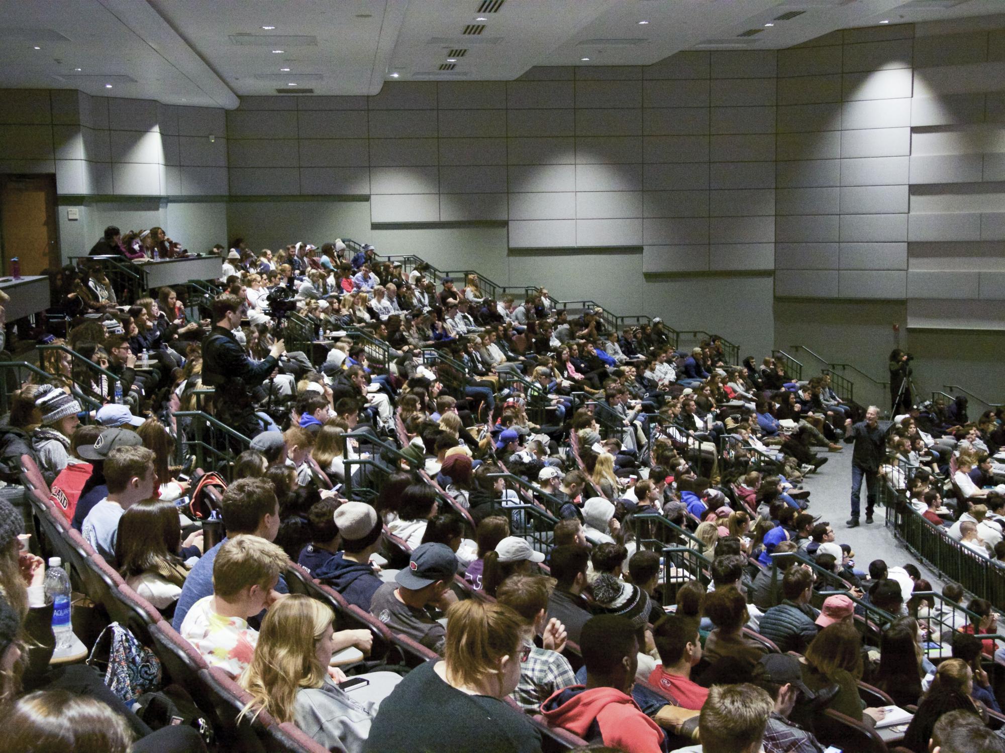A wide shot of students filling Sam Richards' class