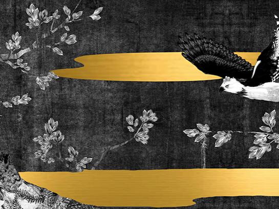 Owl flying on dark background with gold lines