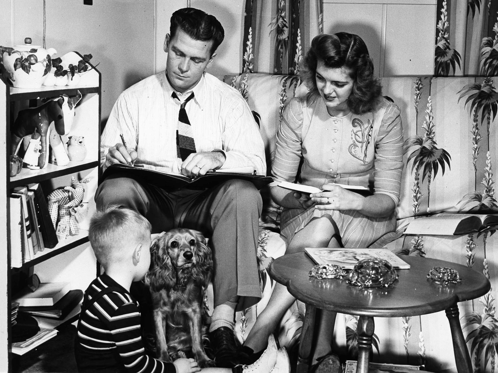 A veteran student and his family in their Windcrest home, mid- to late-1940s
